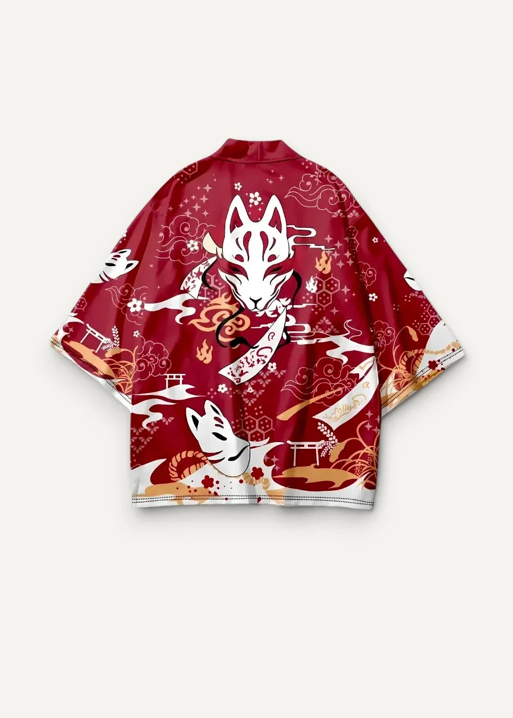 Red japanese-style fox haori kimono with white fox and traditional motifs printed across the fabric
