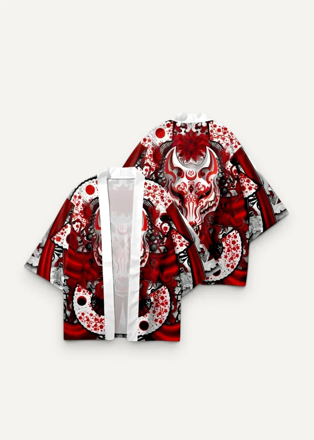Red and white patterned fox haori kimono with intricate designs and central demonic face black accents and japanese motifs