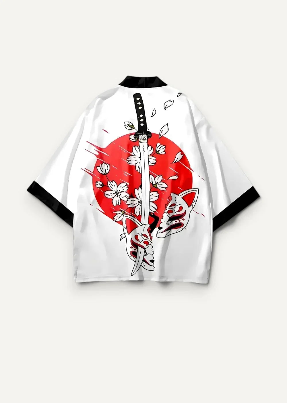 White kimono fox haori with black trim and bold sword cherry blossoms and fox masks graphic on red circular background
