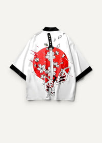 White kimono fox haori with black trim and bold sword cherry blossoms and fox masks graphic on red circular background