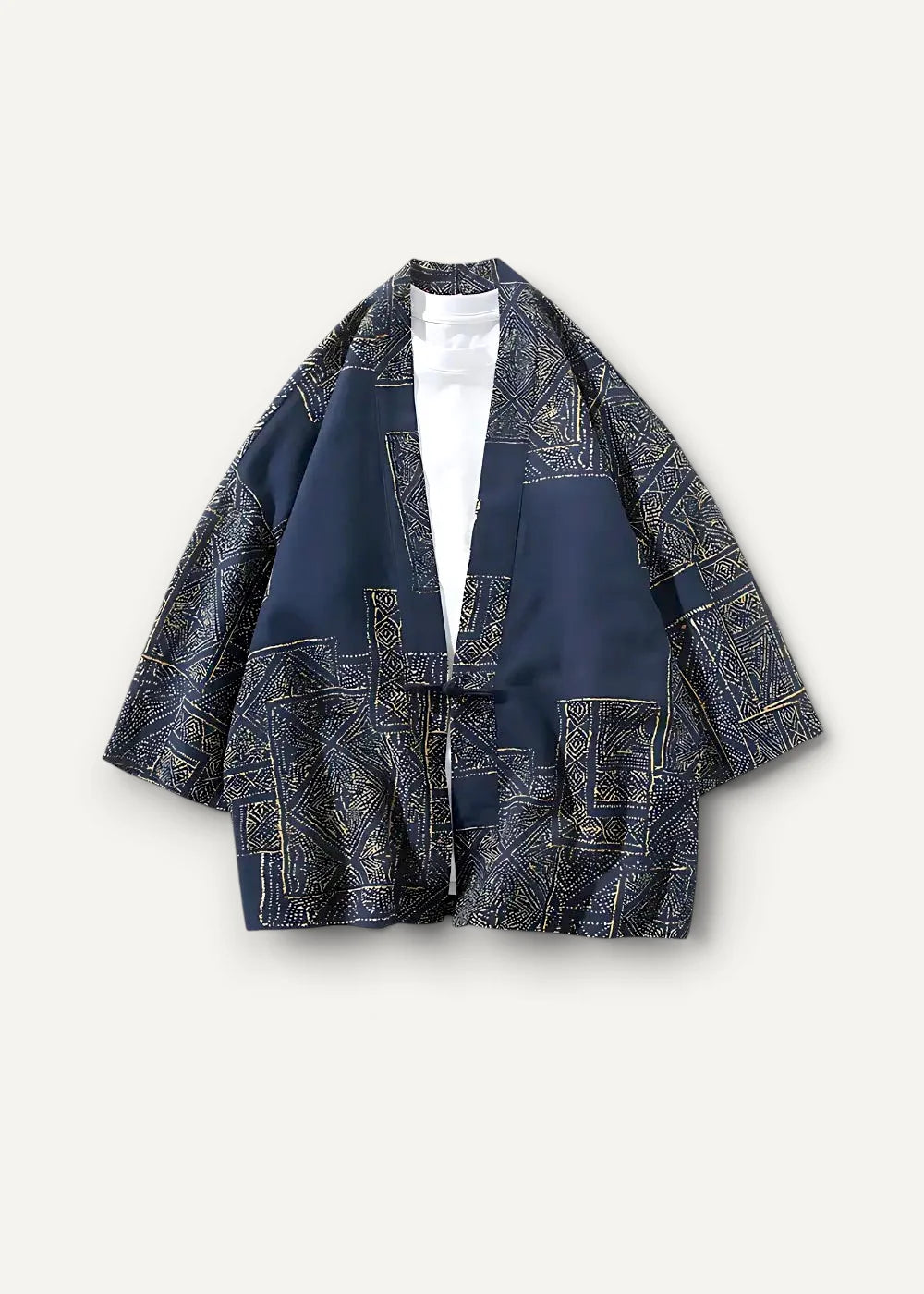 Dark blue geometric haori jacket with intricate lighter patchwork and visible stitching in traditional japanese design