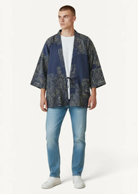 Navy blue and gray geometric patterned men’s kimono jacket with drawstring waistband front view