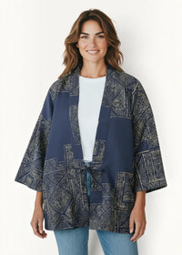 Navy blue geometric haori jacket with intricate silver and black patterns and a tie belt at the waist