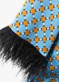 Blue and orange geometric kimono set with circular pattern and black feather trim on lightweight fabric