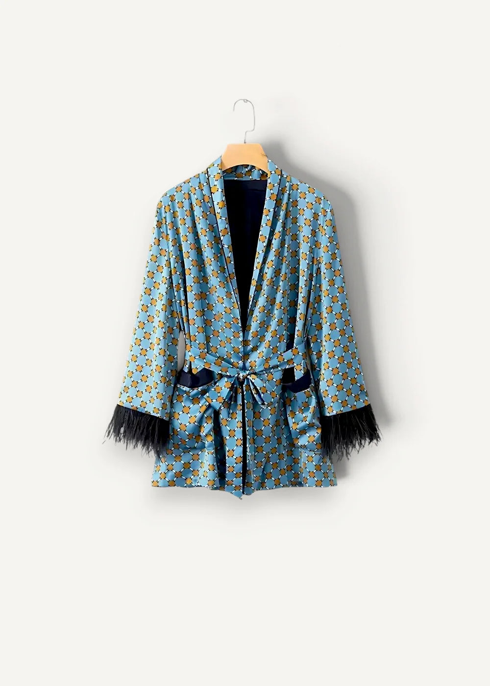 Light blue geometric kimono set with subtle floral pattern black velvet trim and delicate fringe detailing