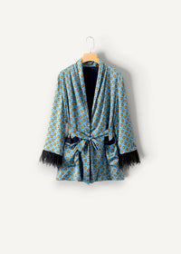 Light blue geometric kimono set with subtle floral pattern black velvet trim and delicate fringe detailing
