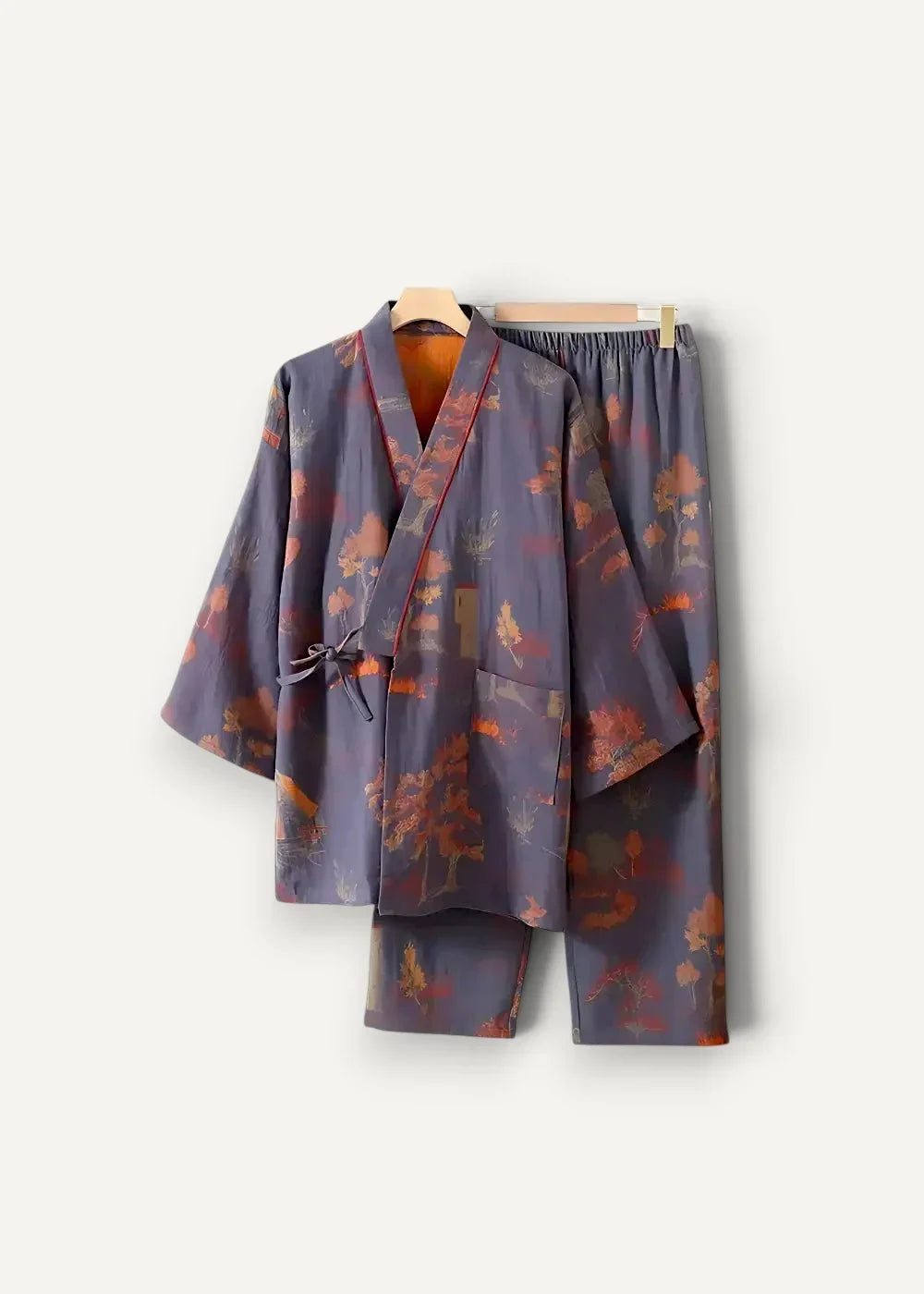 Gray cotton kimono pajamas in soft purple with subtle autumn leaf pattern and matching pants in traditional japanese style
