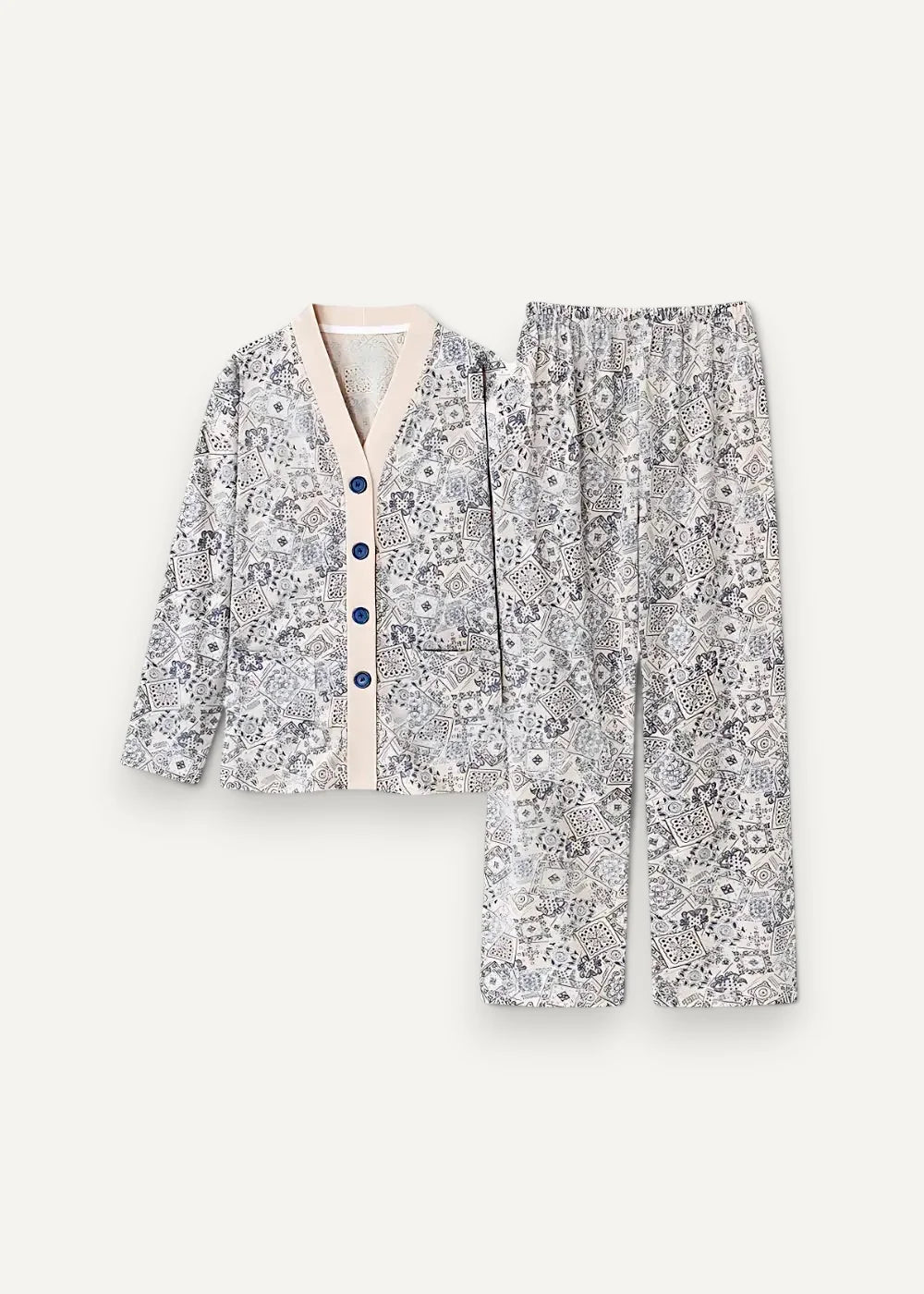 A soft gray floral kimono pajama set with long sleeves and navy blue buttons for comfortable loungewear