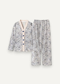 A soft gray floral kimono pajama set with long sleeves and navy blue buttons for comfortable loungewear