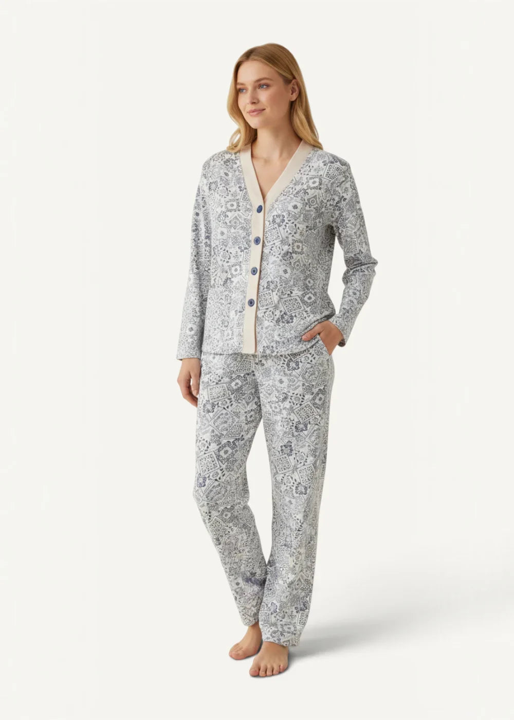 Gray floral kimono pajamas with soft gray and white floral pattern featuring a button-front cardigan and matching pants