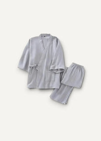 Light gray textured cotton gray Japanese kimono pajamas with v-neck and tied waist for comfortable loungewear