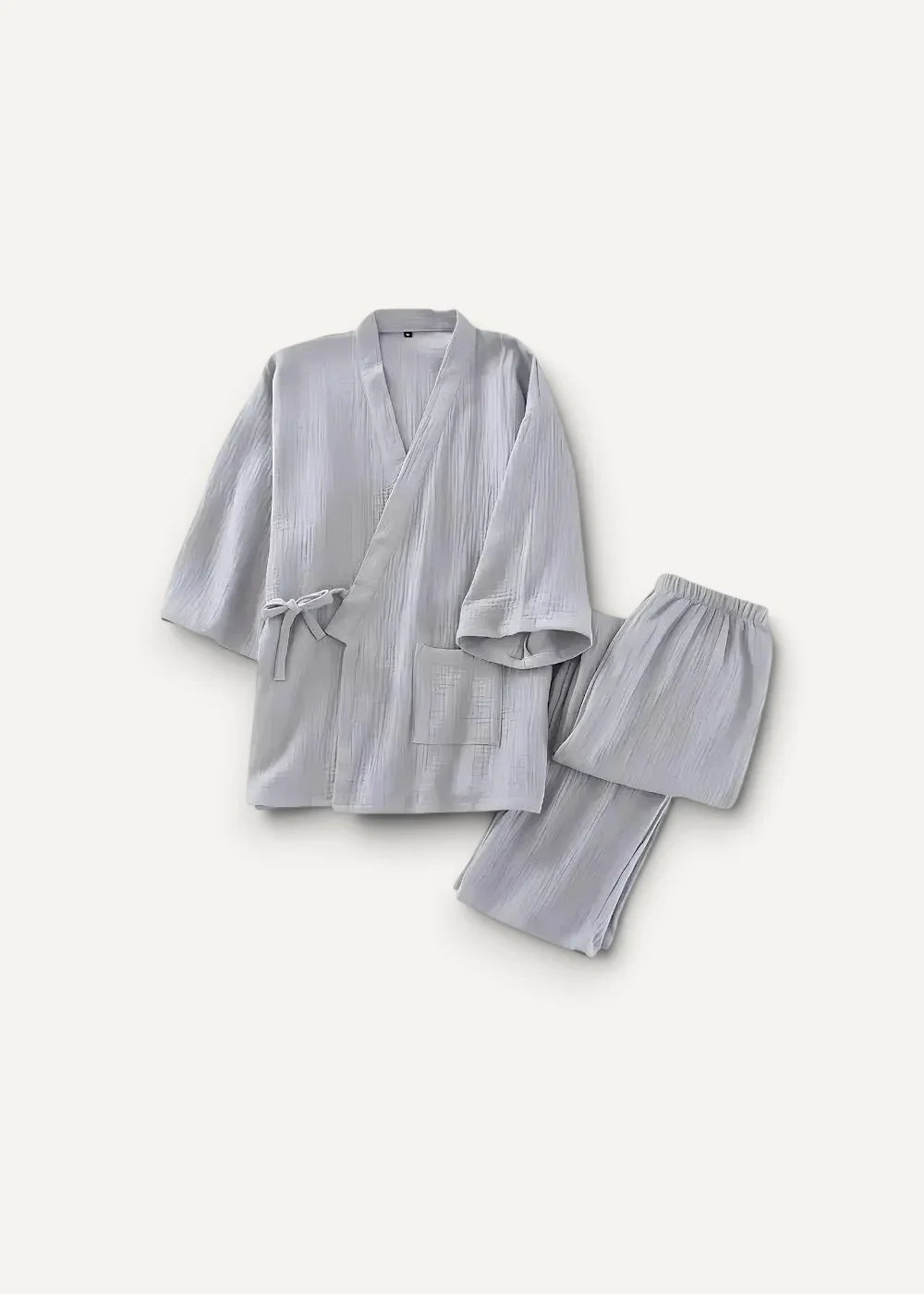 Light gray textured cotton gray Japanese kimono pajamas with v-neck and tied waist for comfortable loungewear