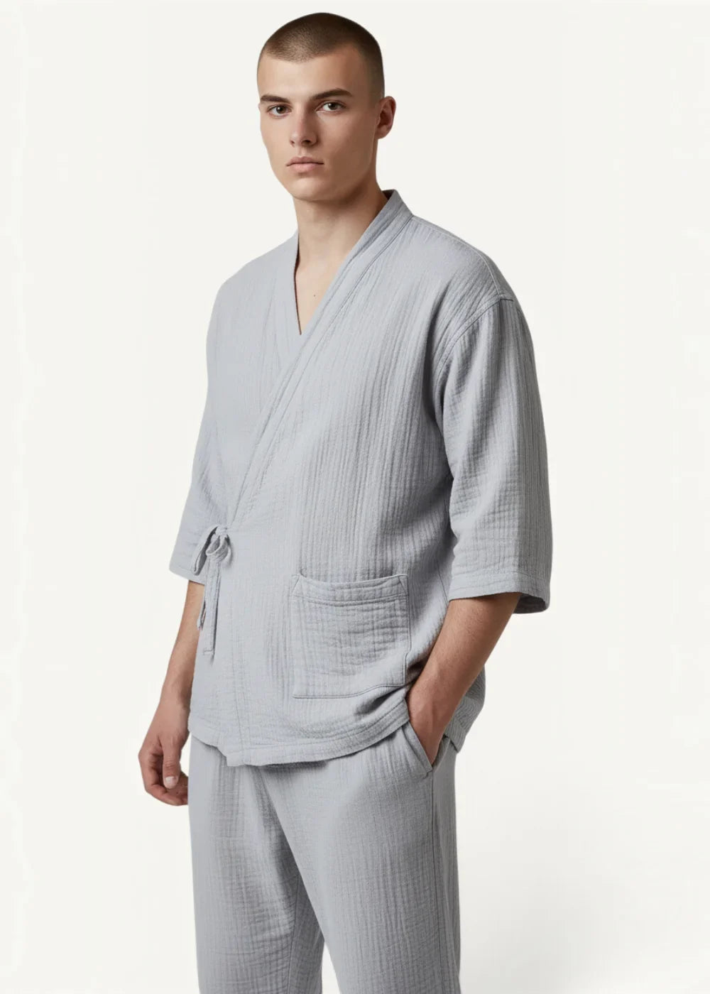 Light gray textured cotton kimono pajama top with three-quarter sleeves and front pockets for comfortable wear