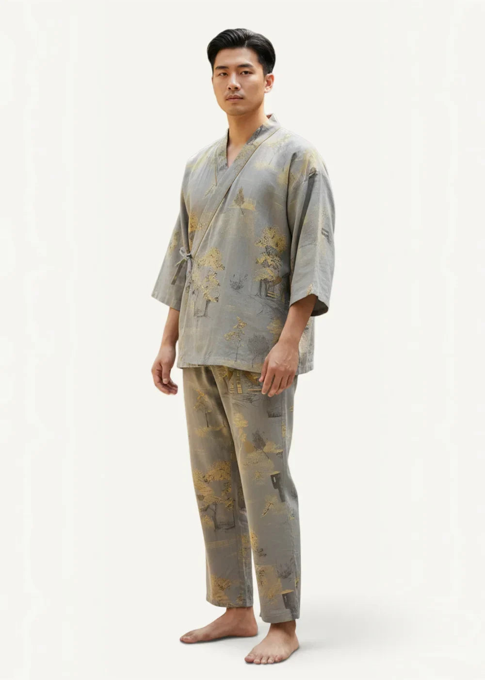 Gray kimono pajamas two-piece loungewear set with gray and gold traditional japanese pattern for comfortable wear