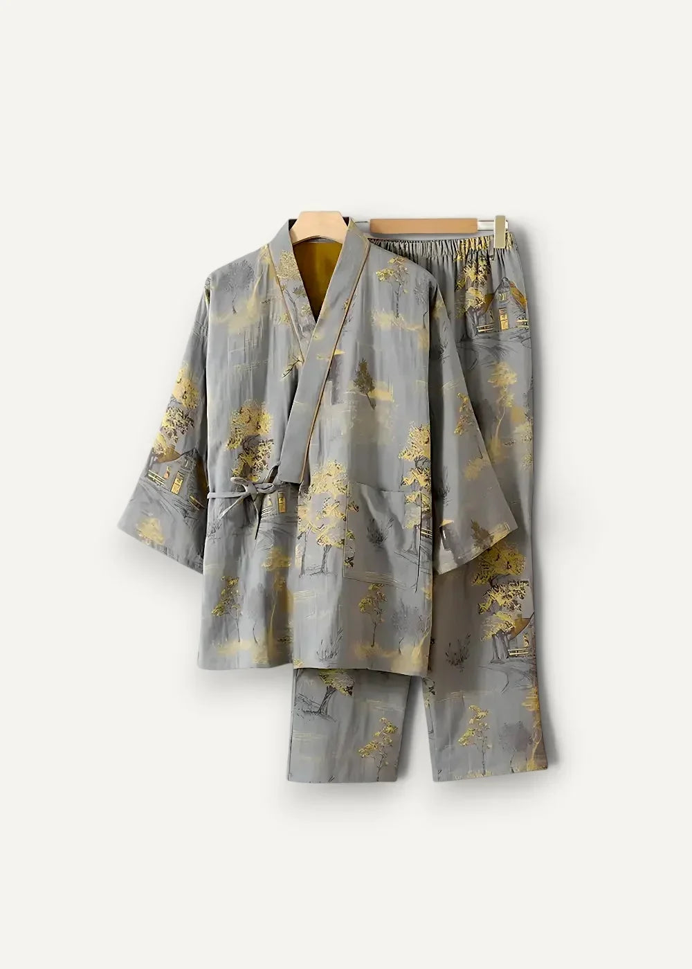 Gray kimono pajamas with gray and gold print made of soft flowing fabric for comfortable Japanese-style sleepwear