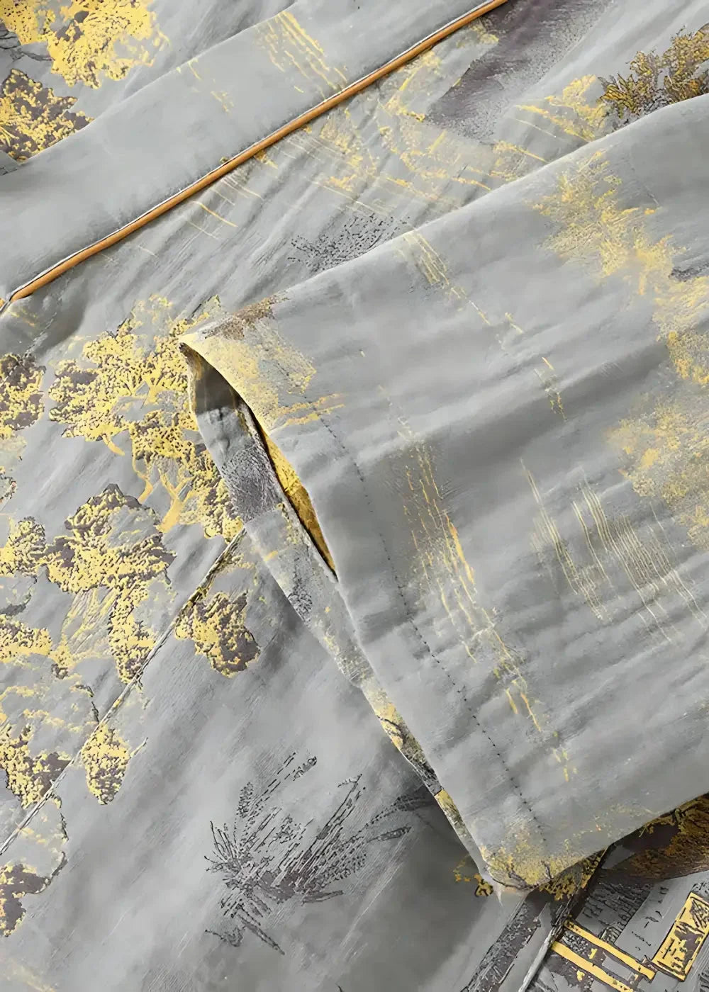 Gray kimono pajamas in gray satin with gold and black botanical print for comfortable loungewear