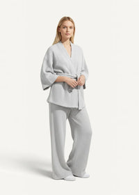 Light gray ribbed knit gray women’s kimono pajamas with belted top and wide-leg pants for comfortable lounging