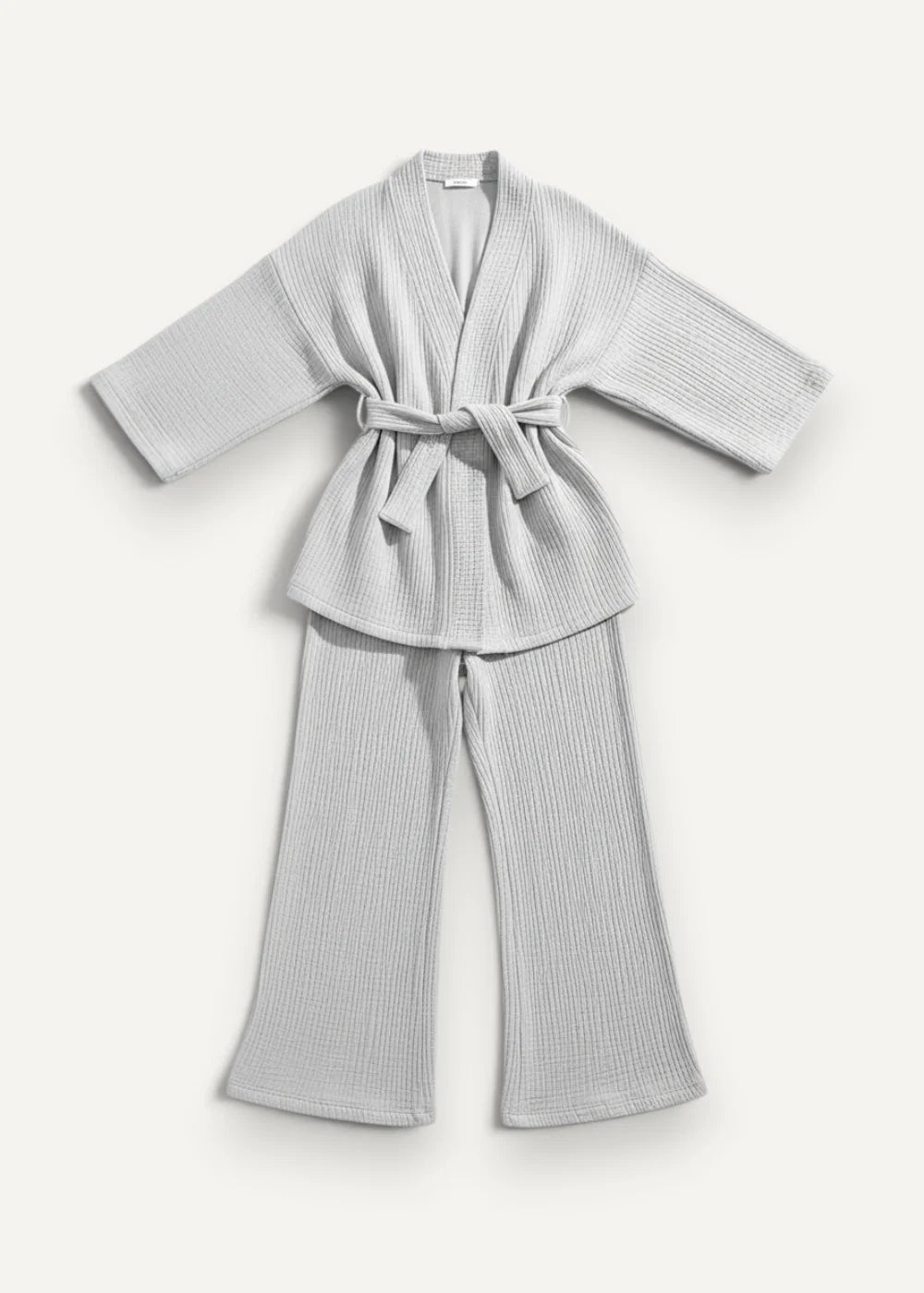 Gray women’s kimono pajamas in light gray ribbed knit two-piece loungewear set with belted top and wide-leg pants