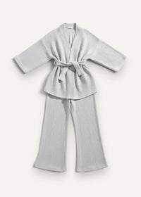 Gray women’s kimono pajamas in light gray ribbed knit two-piece loungewear set with belted top and wide-leg pants