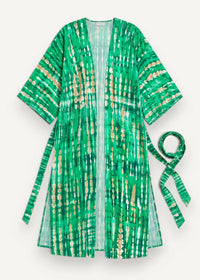 Green beach kimono vibrant green tie-dye fabric with gold accents and matching belt for stylish beachwear
