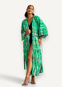 Green beach kimono featuring vibrant green tie-dye fabric with a flowing loose fit and wide sleeves