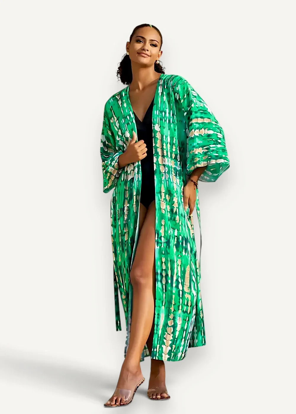 Green beach kimono featuring vibrant green tie-dye fabric with a flowing loose fit and wide sleeves