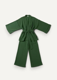 Deep forest green cotton kimono pajamas featuring flowing wide-sleeved robe and matching belted pants
