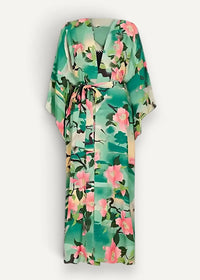 Green floral kimono dress with flowing pink and green floral print robe and matching belt for stylish layering