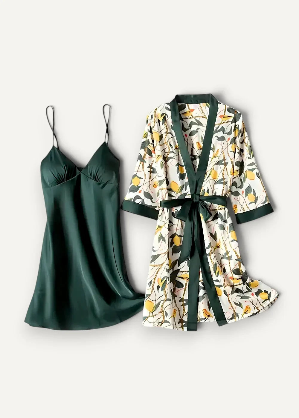 Emerald green satin camisole with delicate spaghetti straps from green floral nightgown and robe set
