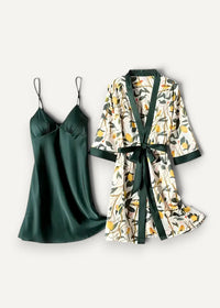 Emerald green satin camisole with delicate spaghetti straps from green floral nightgown and robe set
