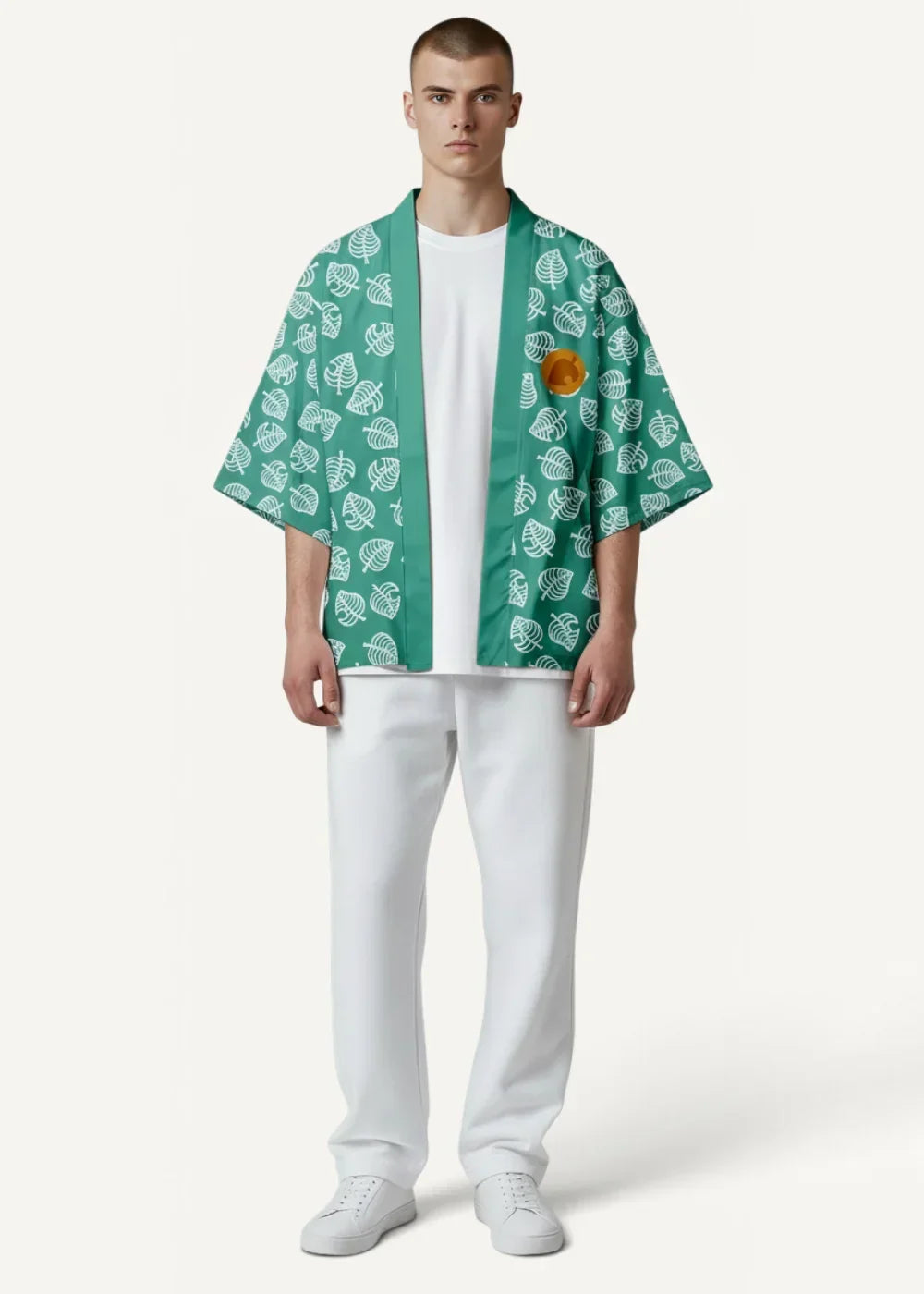 Green haori kimono jacket featuring green fabric with white leaf motifs and an orange circular chest patch