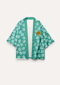 Green haori short-sleeved kimono in teal with white leaf pattern and orange emblem on the left side