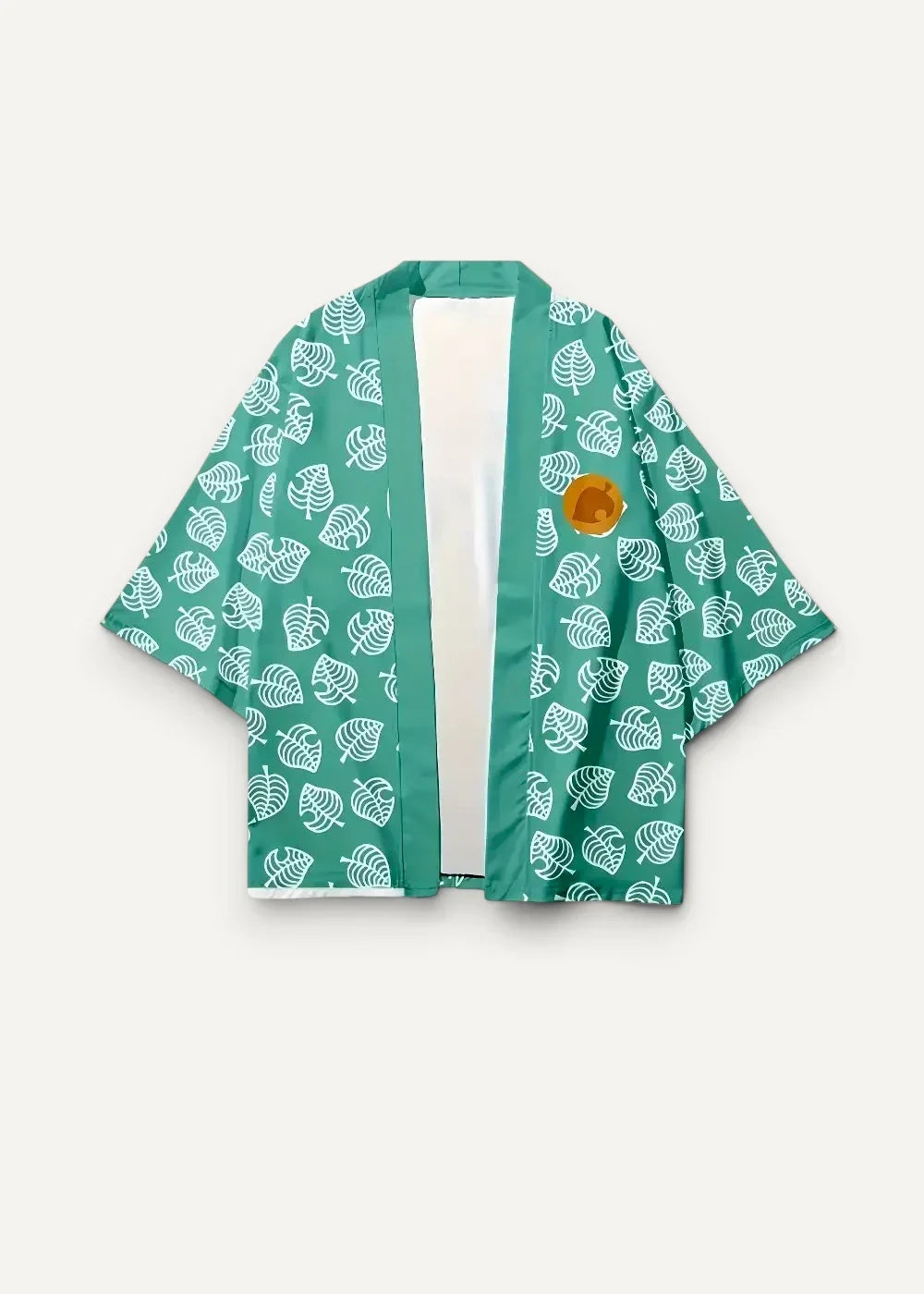 Green haori short-sleeved kimono in teal with white leaf pattern and orange emblem on the left side