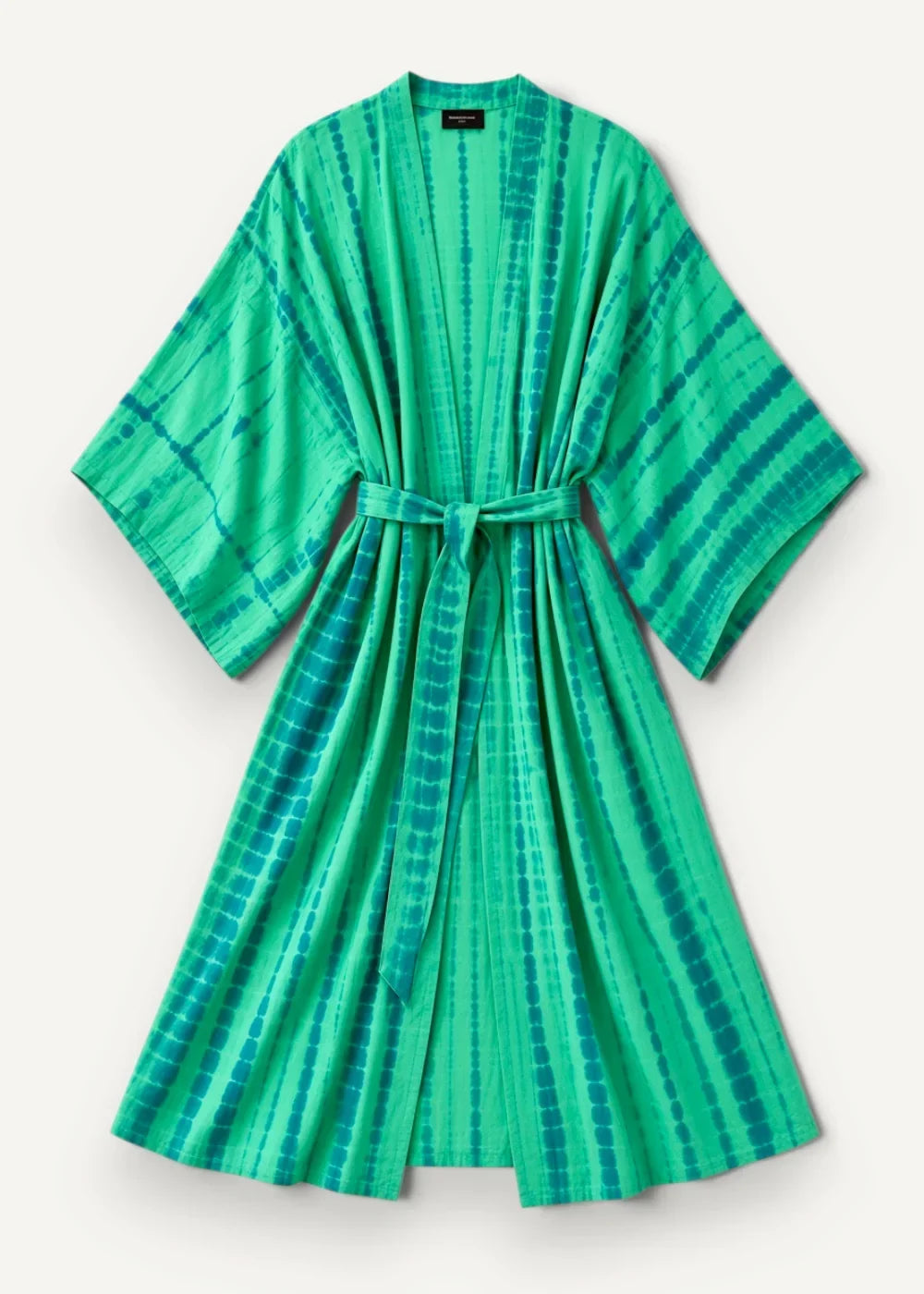 Green kimono cover up robe with vibrant green tie-dye vertical stripes and dotted teal patterns with matching belt
