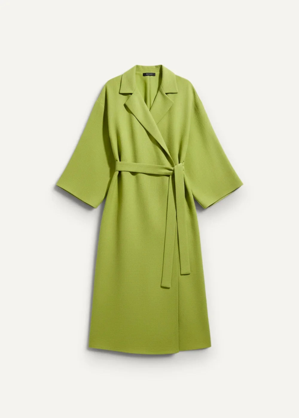 Green kimono dress in cotton with a wide collar, three quarter sleeves and a matching tie belt