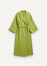 Green kimono dress in cotton with a wide collar, three quarter sleeves and a matching tie belt