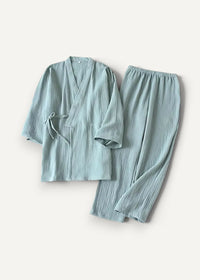 A soft mint green ribbed cotton green kimono pajamas set with v-neck top and loose-fitting pants