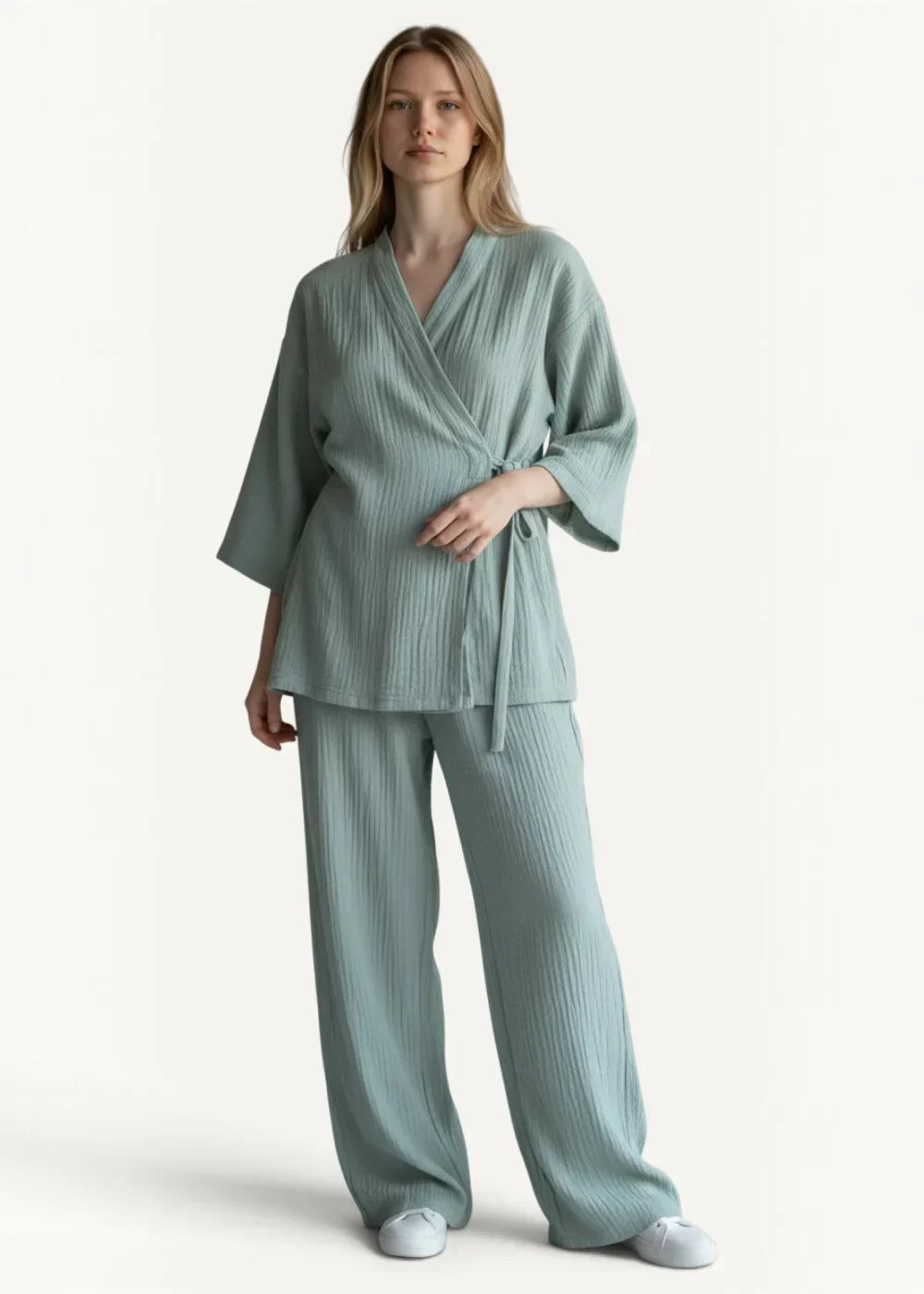A soft sage green ribbed cotton kimono-style top with wide sleeves and matching tie belt from Green Kimono Pajamas