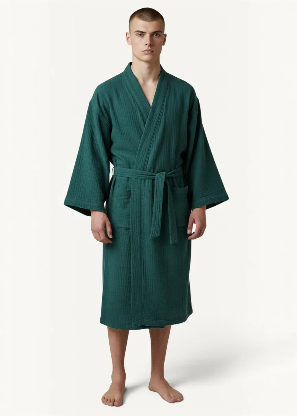 Deep green ribbed cotton kimono robe with matching belt and two front pockets perfect for bath and loungewear