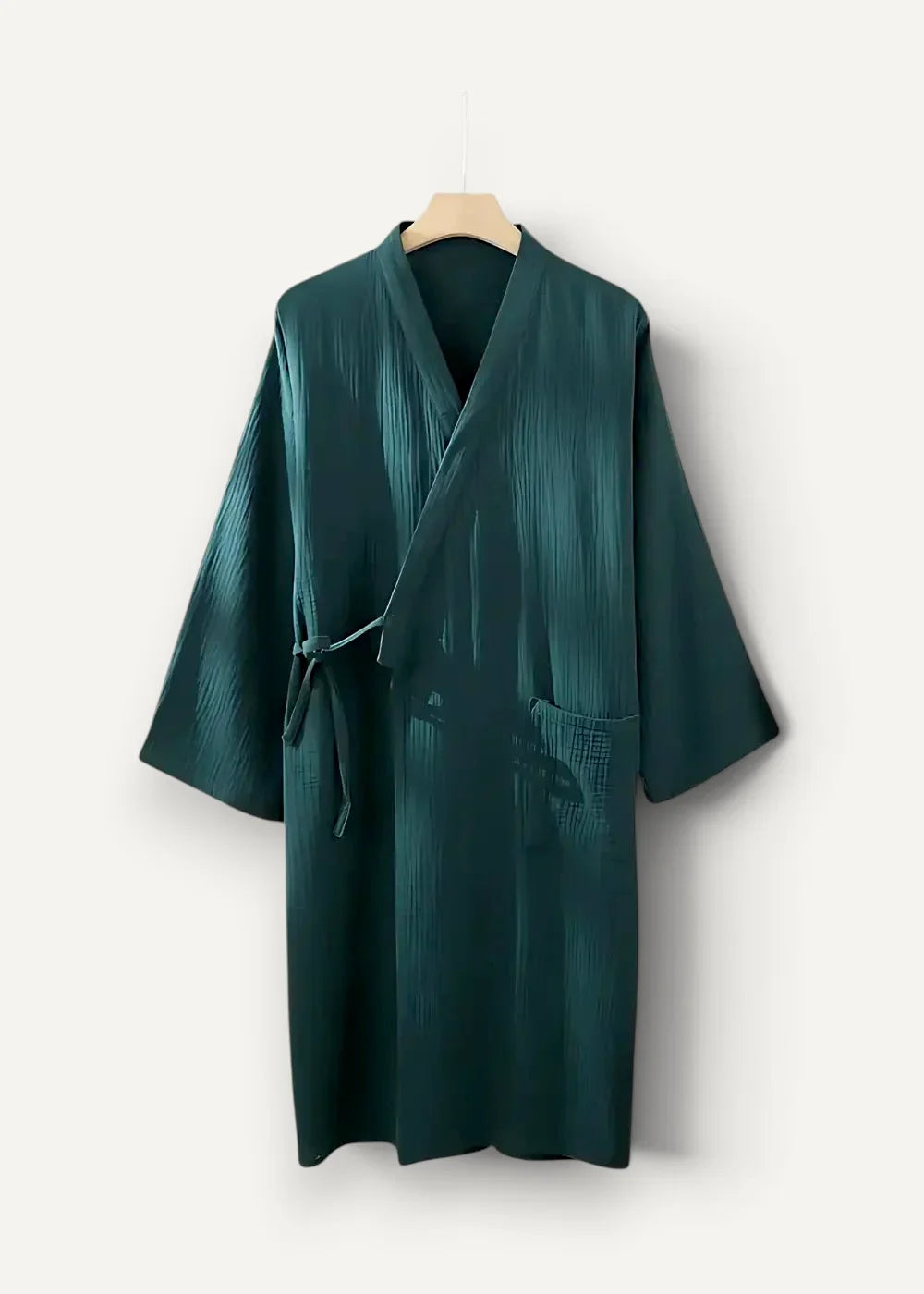Green kimono robe in deep teal silk with subtle vertical ribbing and matching tie belt for elegant loungewear
