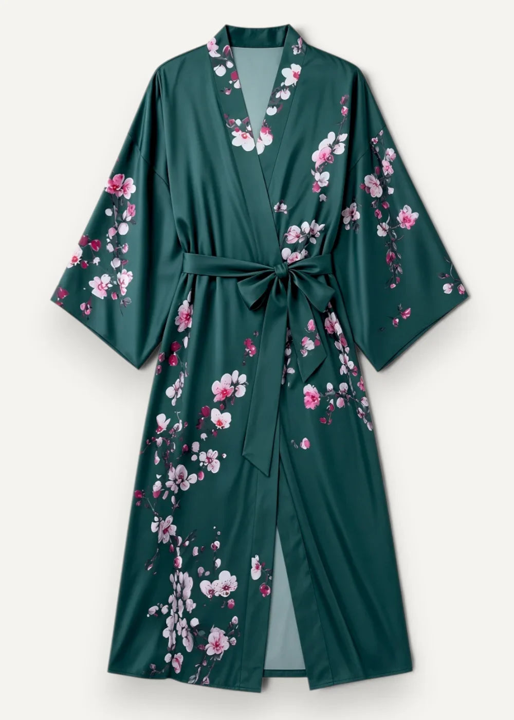 Emerald green satin robe with delicate pink and white cherry blossom pattern tied at the waist with matching belt