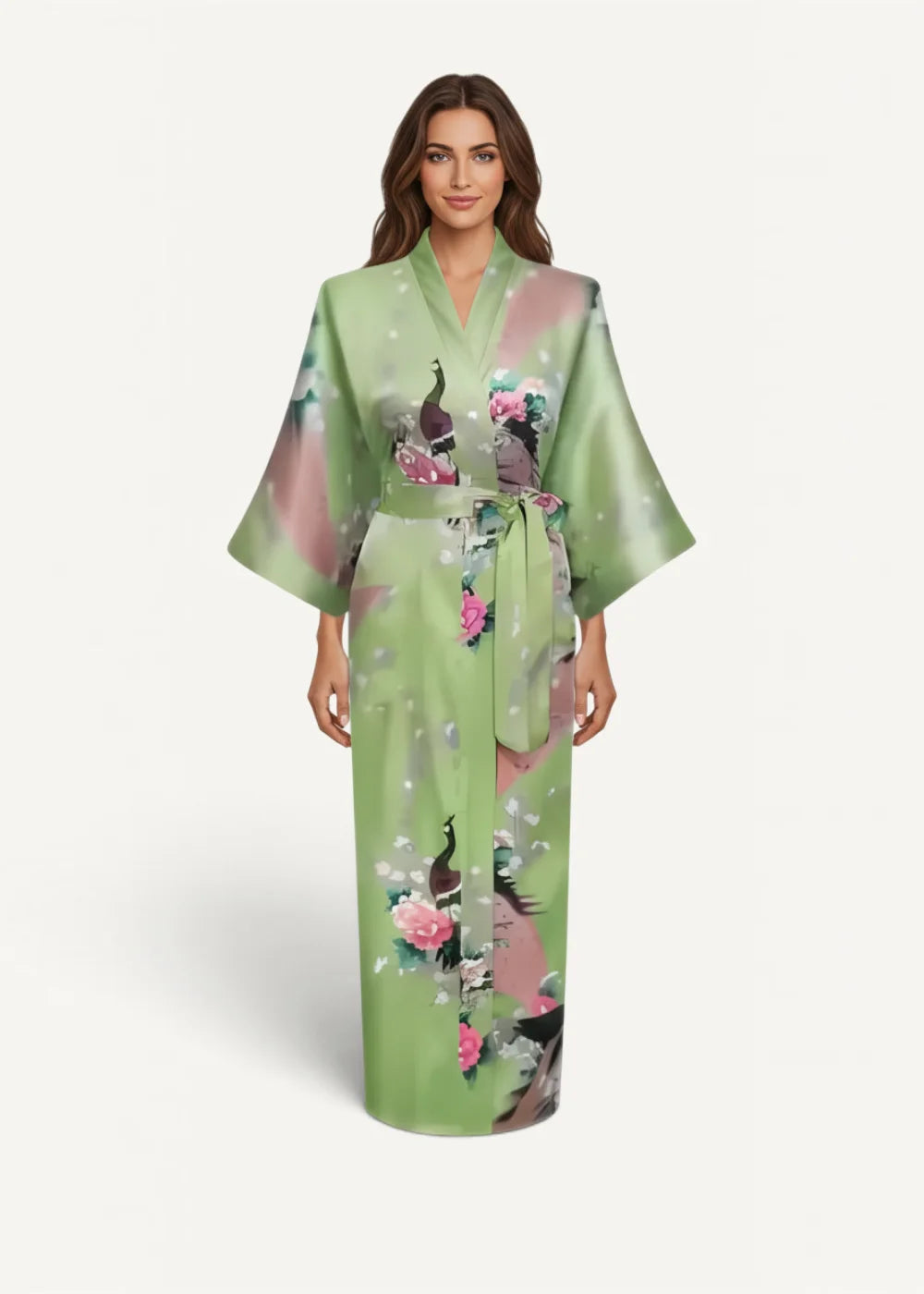 A flowing green silk robe with peacock and pink floral motifs tied at the waist with a matching belt
