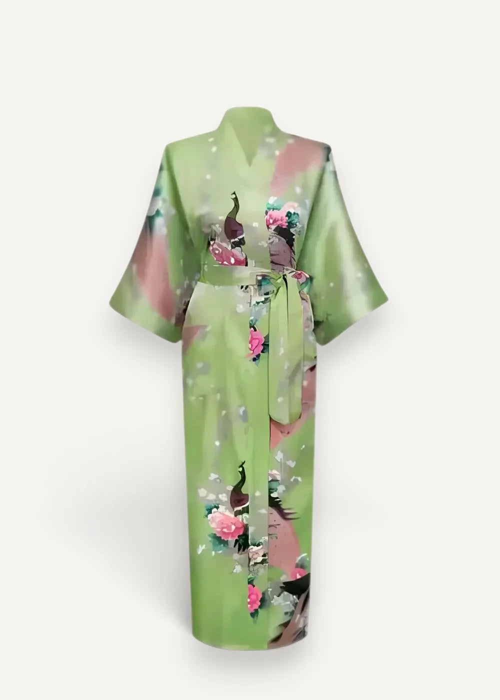 Green silk robe in light green with flowing pink peacock and floral patterns and matching fabric ties