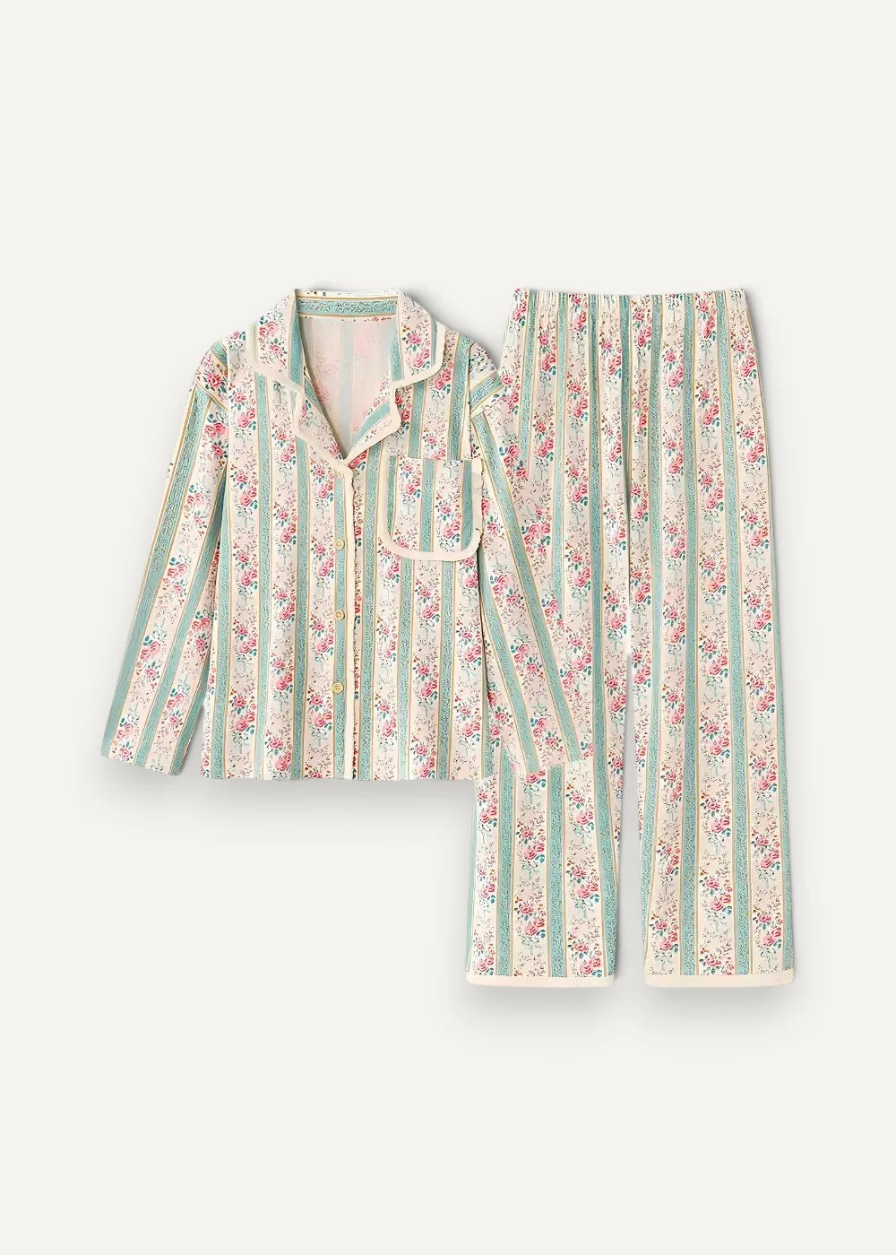 Green striped kimono pajamas featuring soft pastel stripes and delicate pink floral patterns on a mint green background