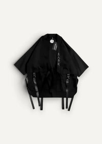 Black utility-style haori coat with wide sleeves and multiple hanging straps visible from the front