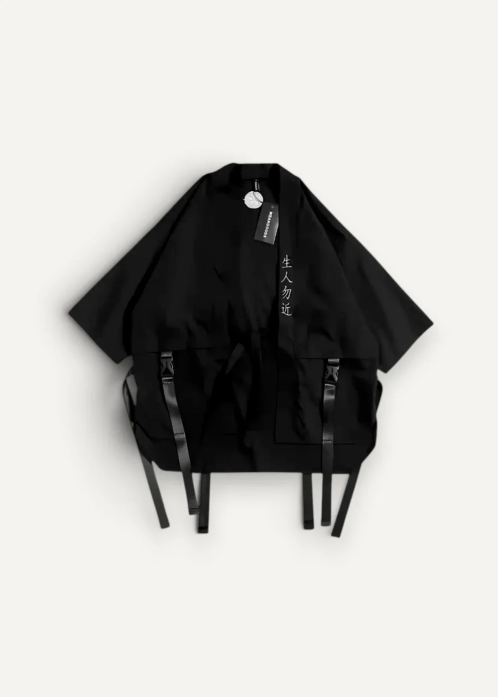 Black utility-style haori coat with wide sleeves and multiple hanging straps visible from the front