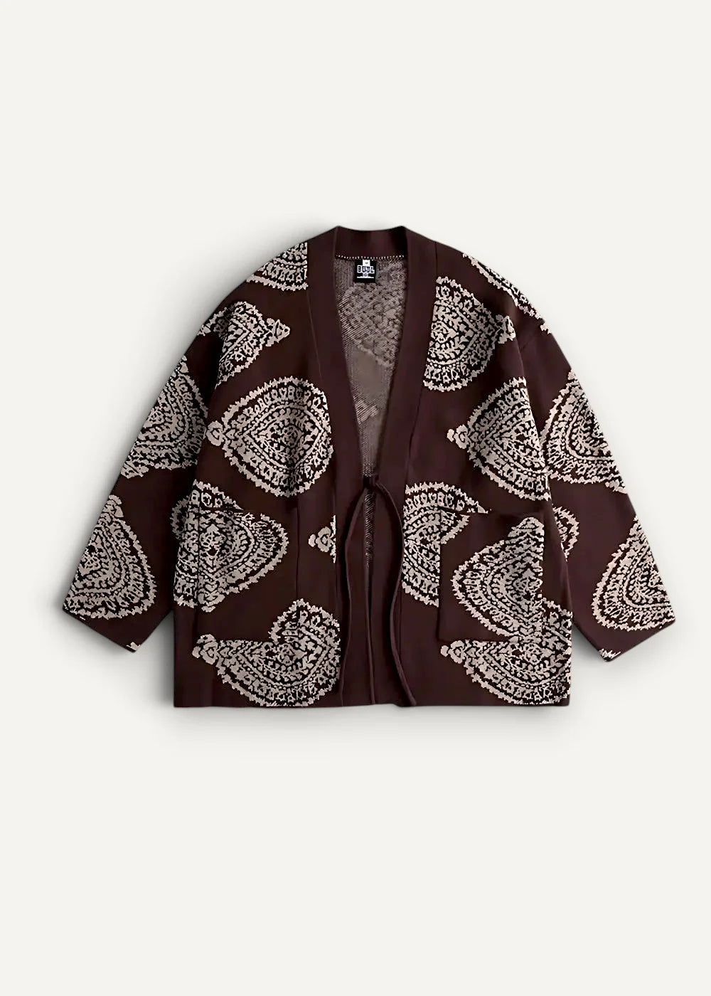 Brown haori japanese kimono jacket with white paisley pattern and sheer mesh lining shown from the back side