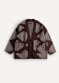 Brown haori japanese kimono jacket with white paisley pattern and sheer mesh lining shown from the back side