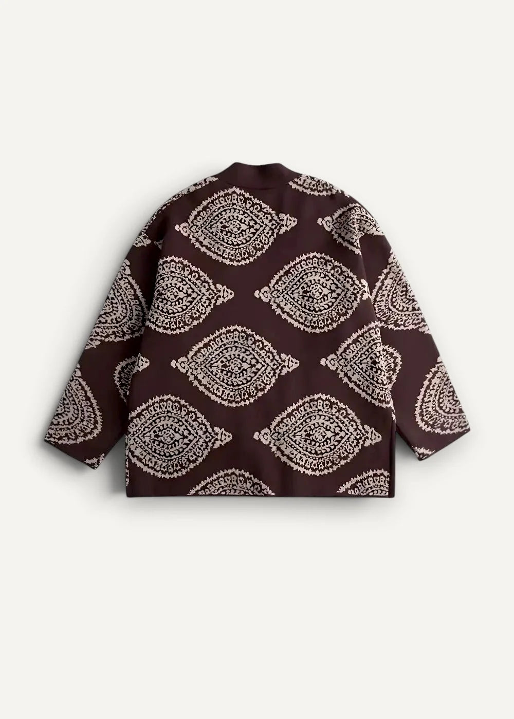 Brown haori japanese kimono jacket featuring intricate white paisley patterns on a brown fabric