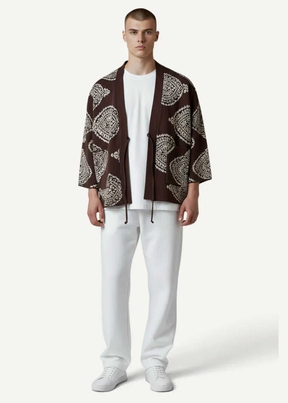 Brown paisley-patterned haori japanese kimono jacket with open front and white drawstring detail